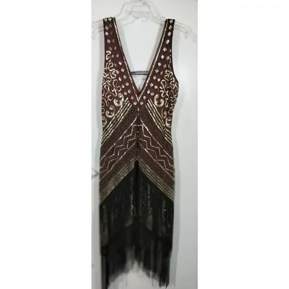 3792) Babeyond 1920 Flapper V neck Sequins Fringe Dress Large - Picture 6 of 9